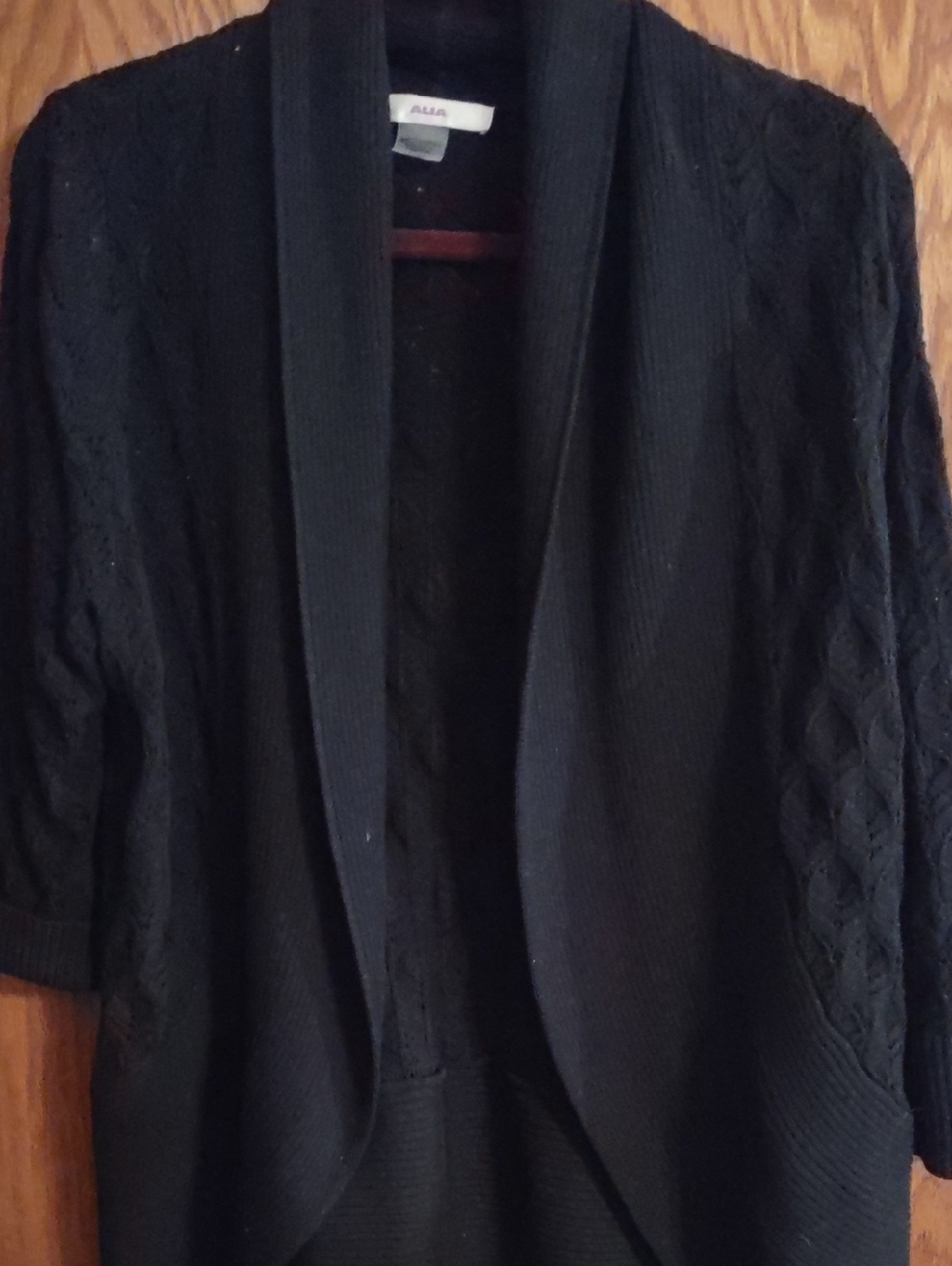 Alia Black Shawl-Collar Open Cardigan with Cable Sleeves
